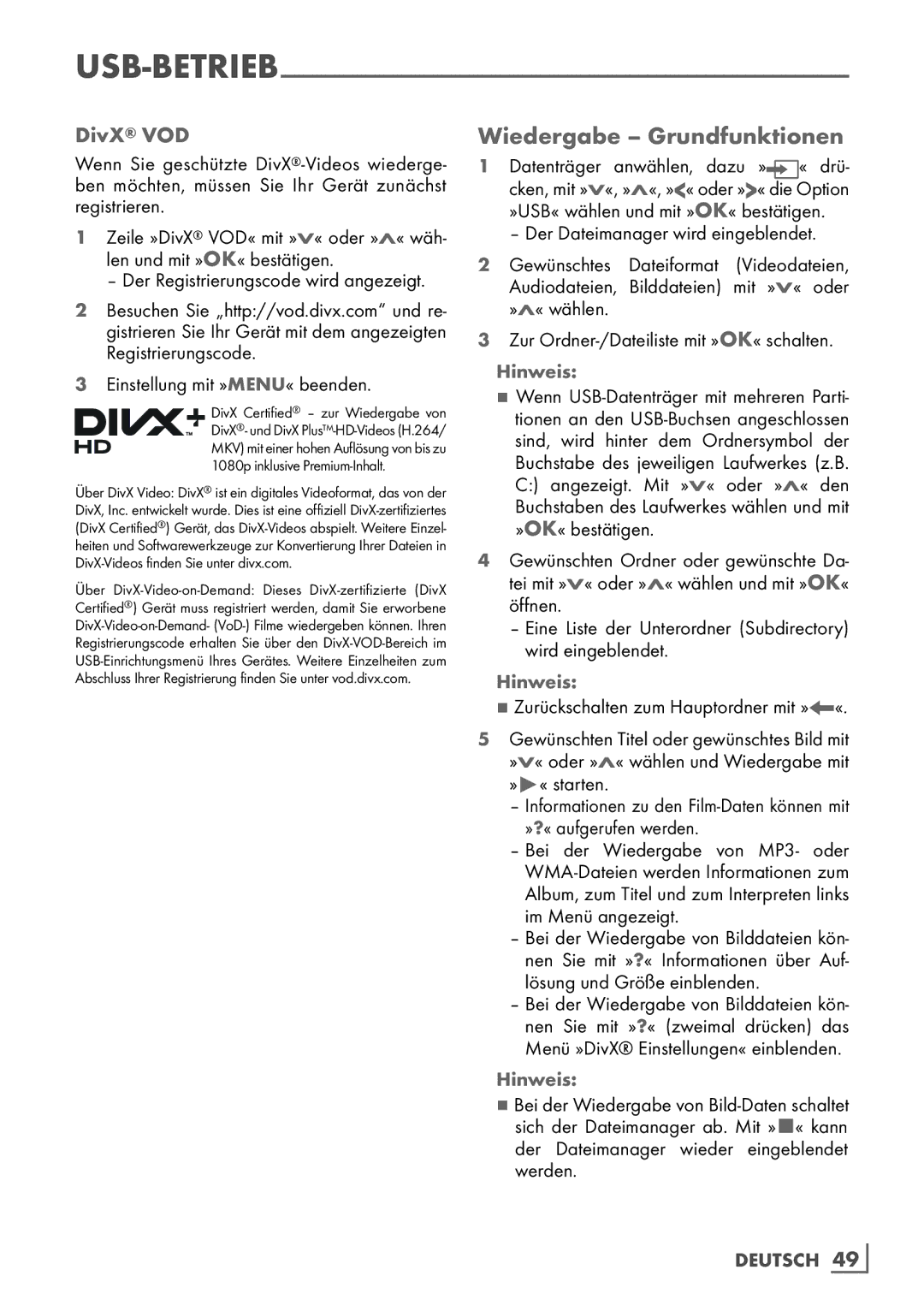 Grundig Rom 32 CLE 8130 BL manual Wiedergabe Grundfunktionen, DivX VOD, Deutsch 49­ 