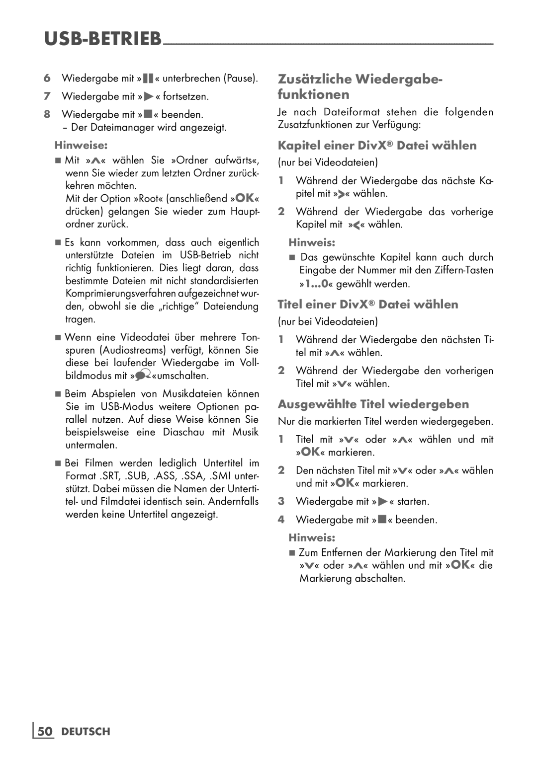 Grundig Rom 32 CLE 8130 BL manual Zusätzliche Wiedergabe-­ funktionen, Kapitel einer DivX Datei wählen, 50­ Deutsch 