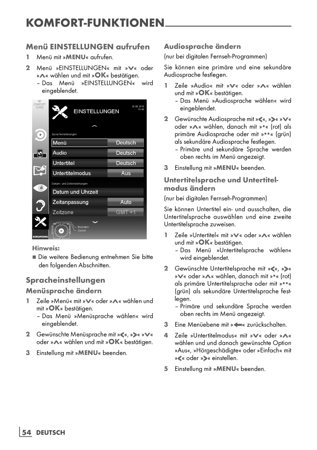 Grundig Rom 32 CLE 8130 BL manual Menü Einstellungen aufrufen, Spracheinstellungen 