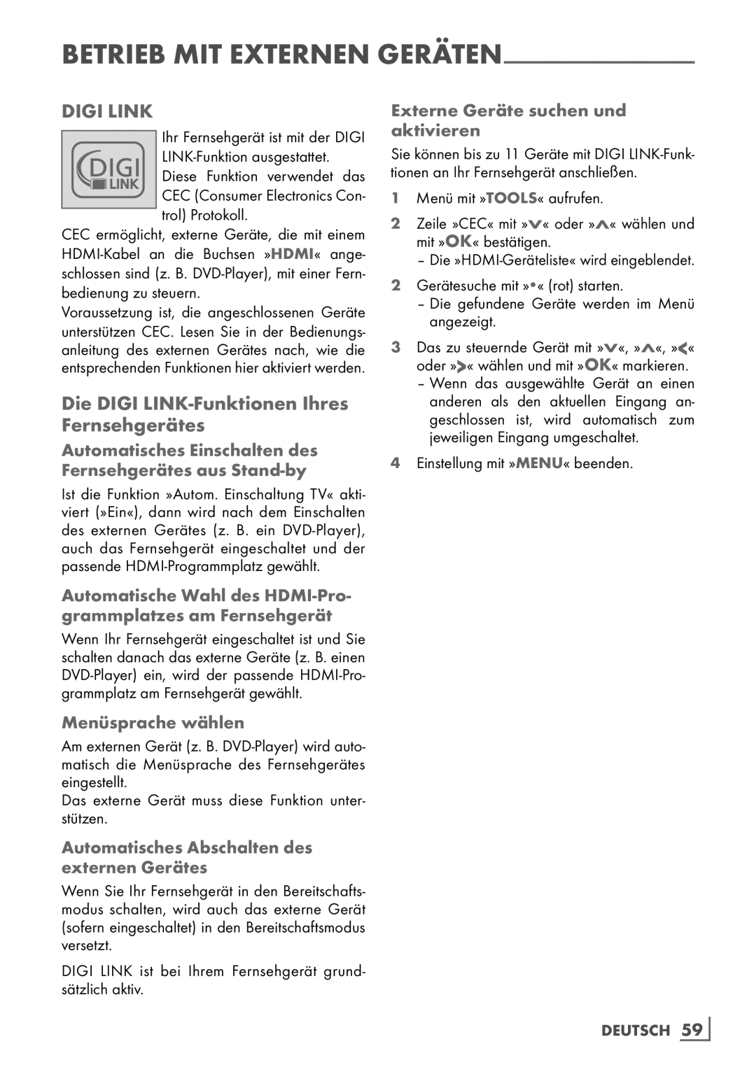 Grundig Rom 32 CLE 8130 BL manual Die Digi LINK-Funktionen Ihres Fernsehgerätes, Menüsprache wählen 