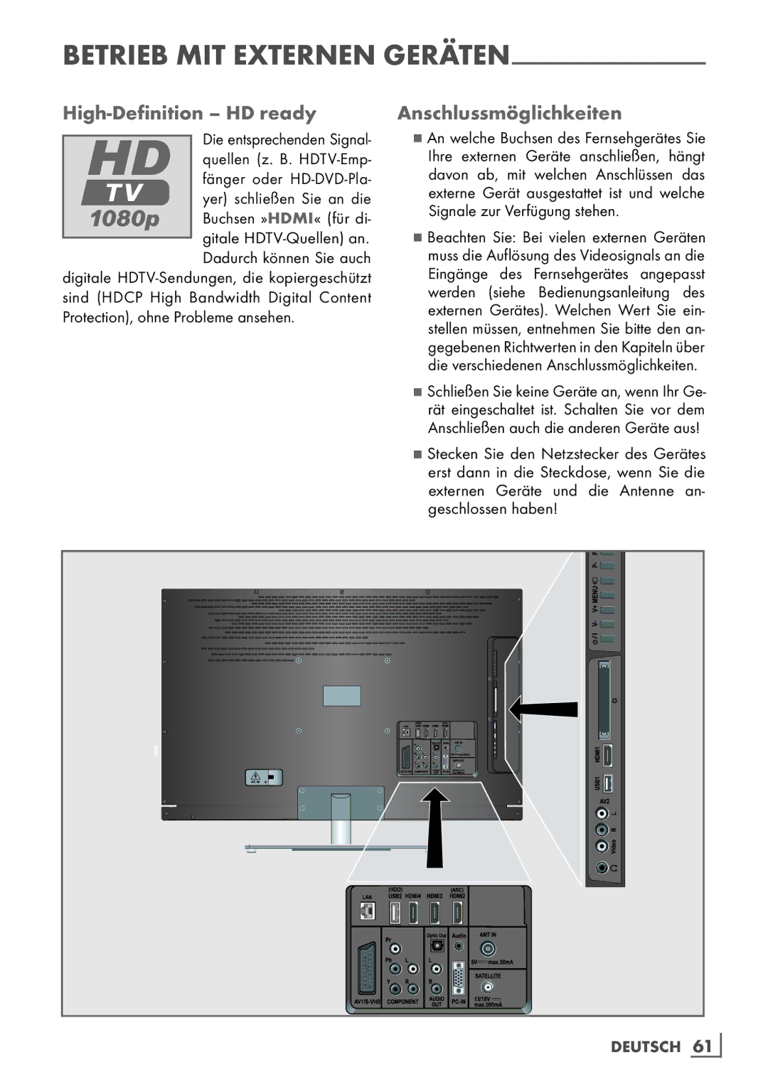 Grundig Rom 32 CLE 8130 BL manual High-Definition HD ready, Anschlussmöglichkeiten, Yer schließen Sie an die 