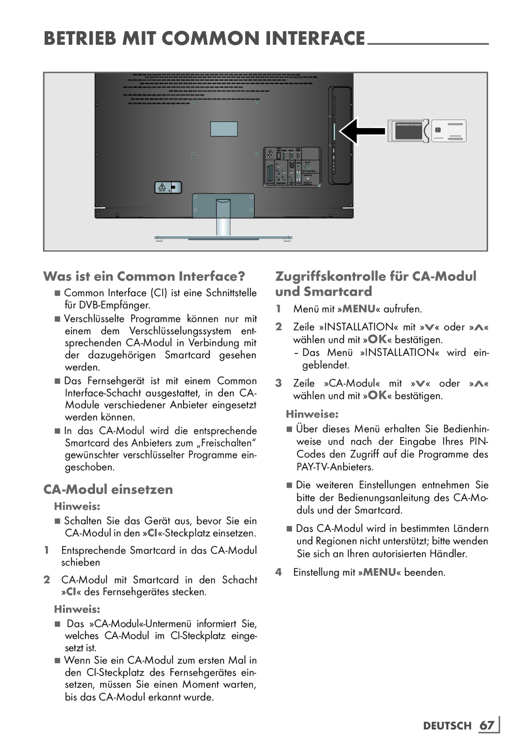 Grundig Rom 32 CLE 8130 BL Was ist ein Common Interface?, CA-Modul einsetzen, Zugriffskontrolle für CA-Modul und Smartcard 