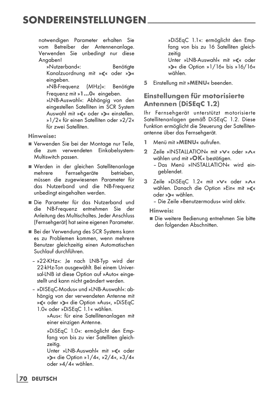 Grundig Rom 32 CLE 8130 BL manual Einstellungen für motorisierte Antennen DiSEqC, 70­ Deutsch 