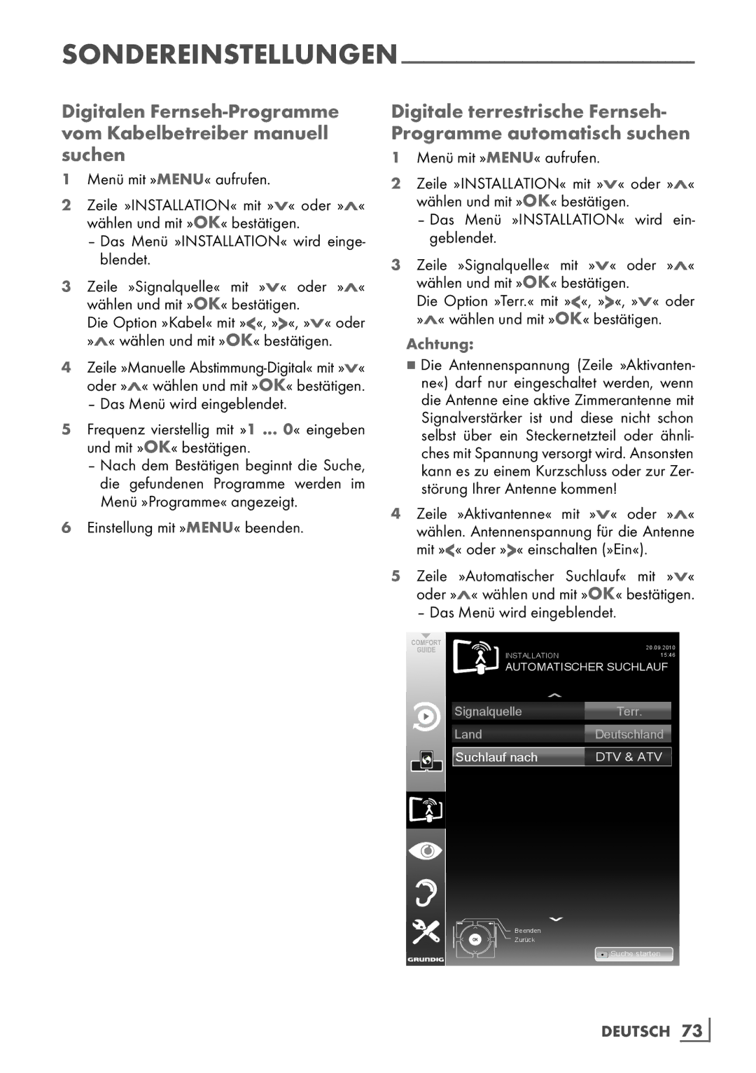 Grundig Rom 32 CLE 8130 BL manual Digitale terrestrische Fernseh- Programme automatisch suchen, Deutsch 73­ 