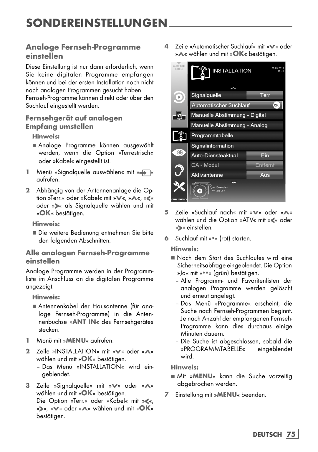 Grundig Rom 32 CLE 8130 BL Analoge Fernseh-Programme einstellen, Fernsehgerät auf analogen ­Empfang umstellen, Deutsch 75­ 