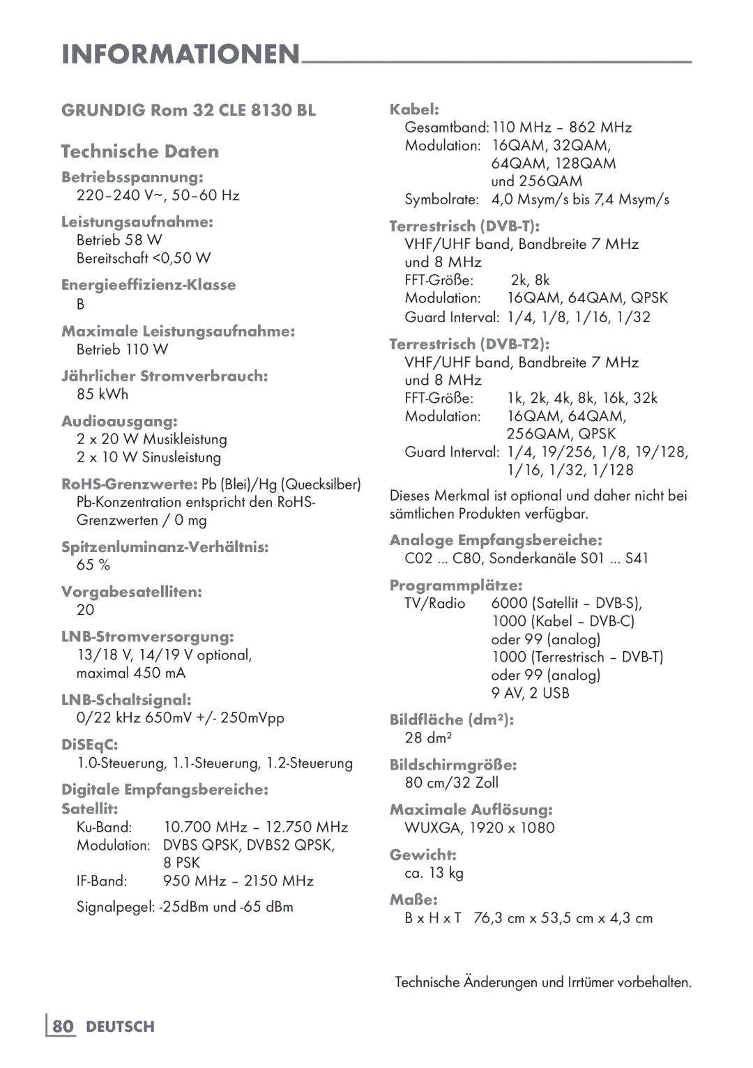 Grundig manual Technische Daten, Grundig Rom 32 CLE 8130 BL, 80­ Deutsch 