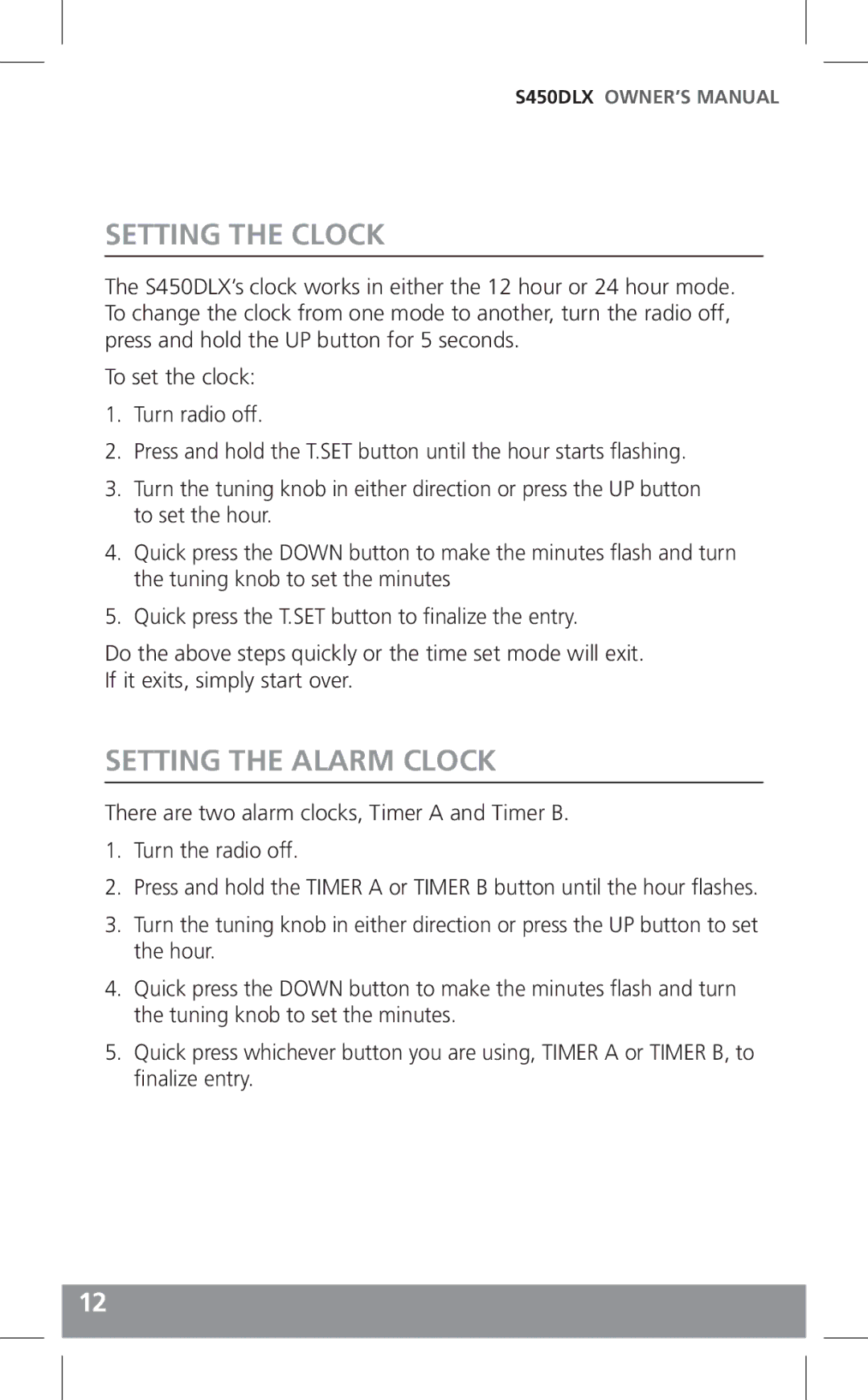 Grundig S450DLX owner manual Setting the Clock, Setting the Alarm Clock 