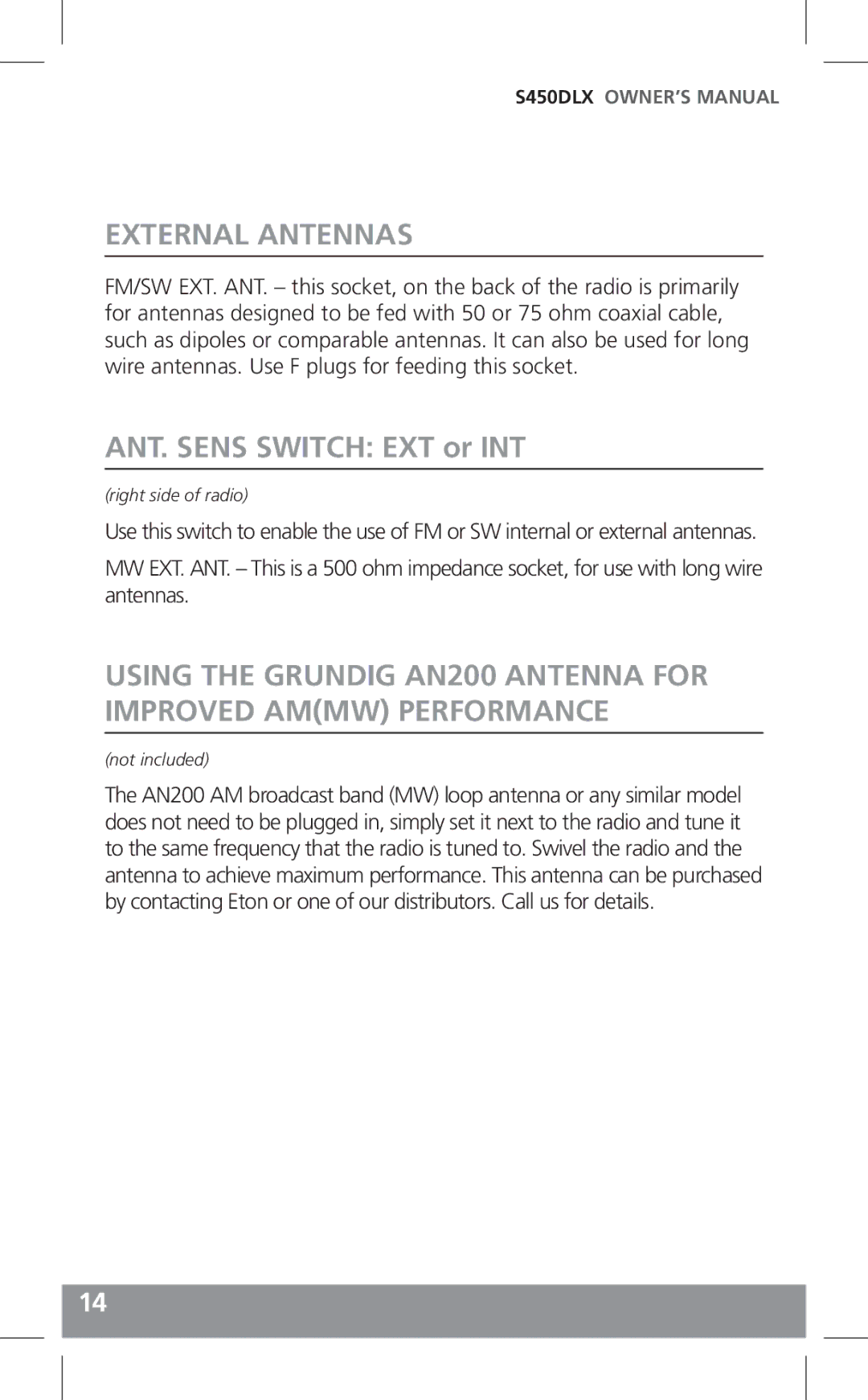 Grundig S450DLX owner manual External Antennas, ANT. Sens Switch EXT or INT 