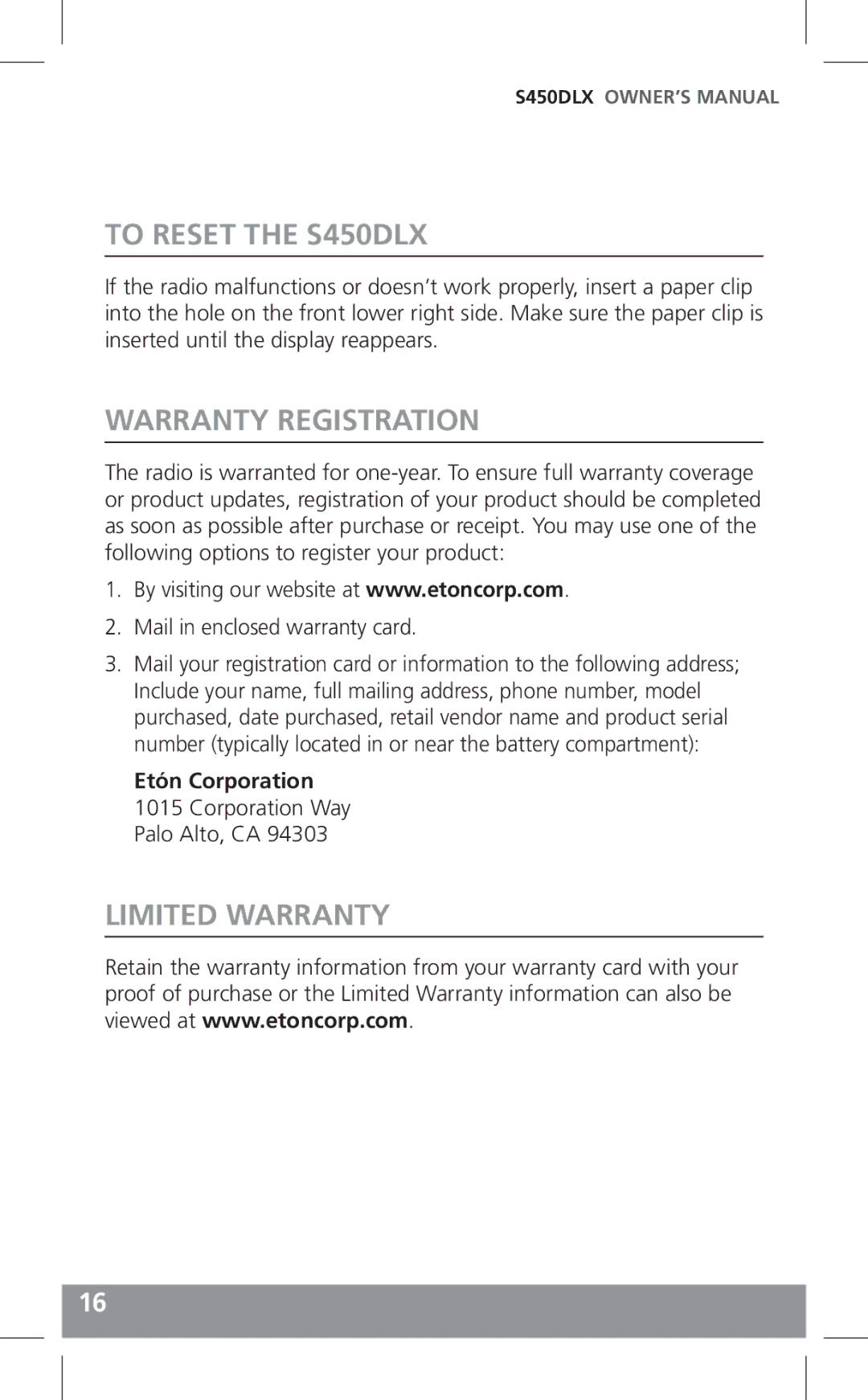 Grundig owner manual To Reset the S450DLX, Warranty Registration, Limited Warranty 