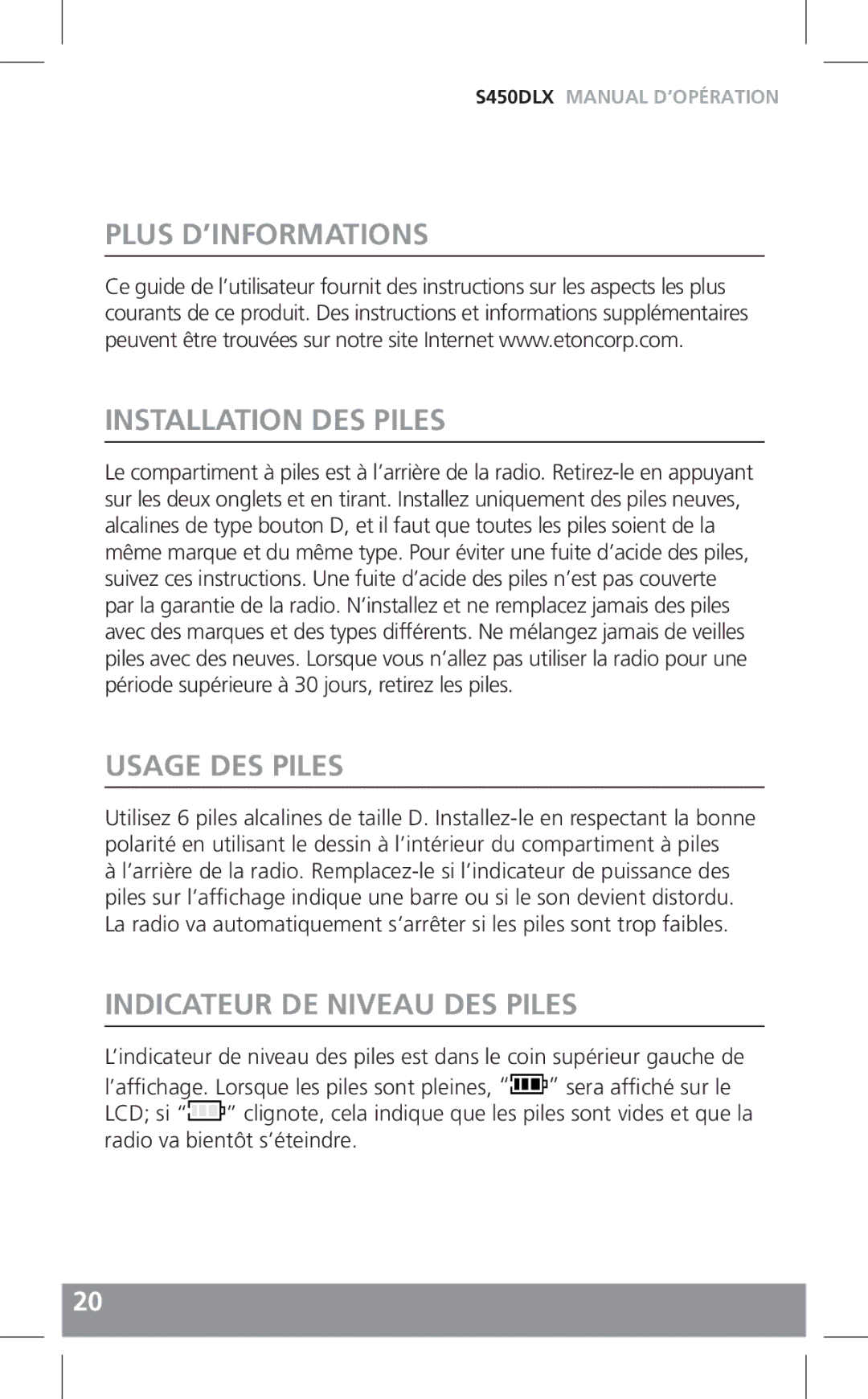 Grundig S450DLX owner manual Plus D’INFORMATIONS Installation DES Piles, Usage DES Piles, Indicateur DE Niveau DES Piles 