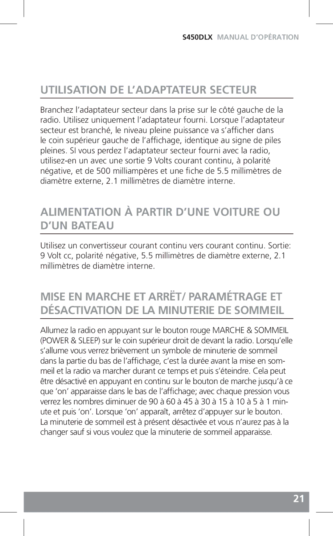 Grundig S450DLX owner manual Utilisation DE L’ADAPTATEUR Secteur, Alimentation À Partir D’UNE Voiture OU D’UN Bateau 