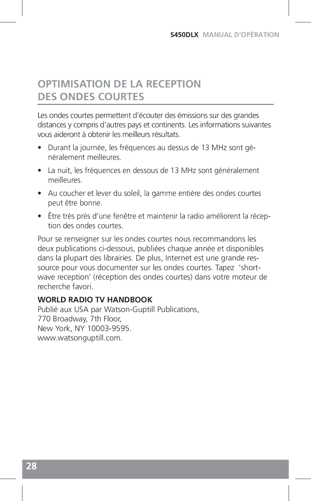 Grundig S450DLX owner manual Optimisation DE LA Reception DES Ondes Courtes, World Radio TV Handbook 