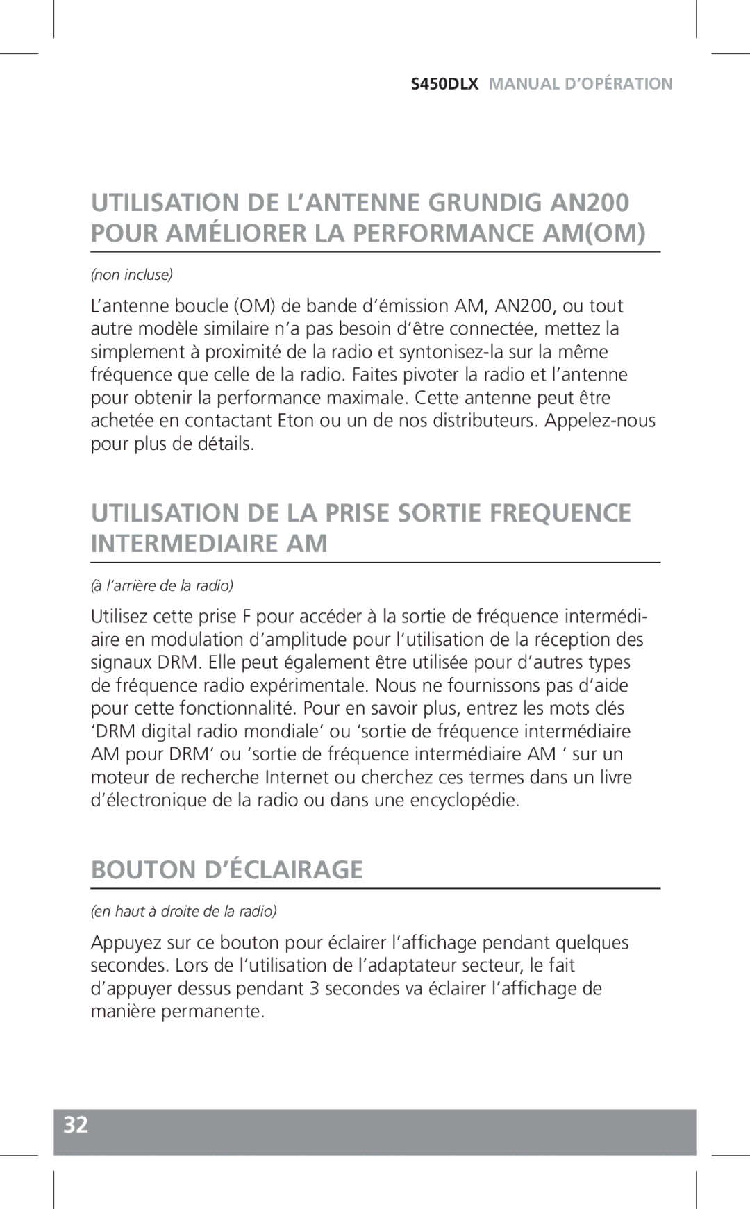 Grundig S450DLX owner manual Utilisation DE LA Prise Sortie Frequence Intermediaire AM, Bouton D’ÉCLAIRAGE 