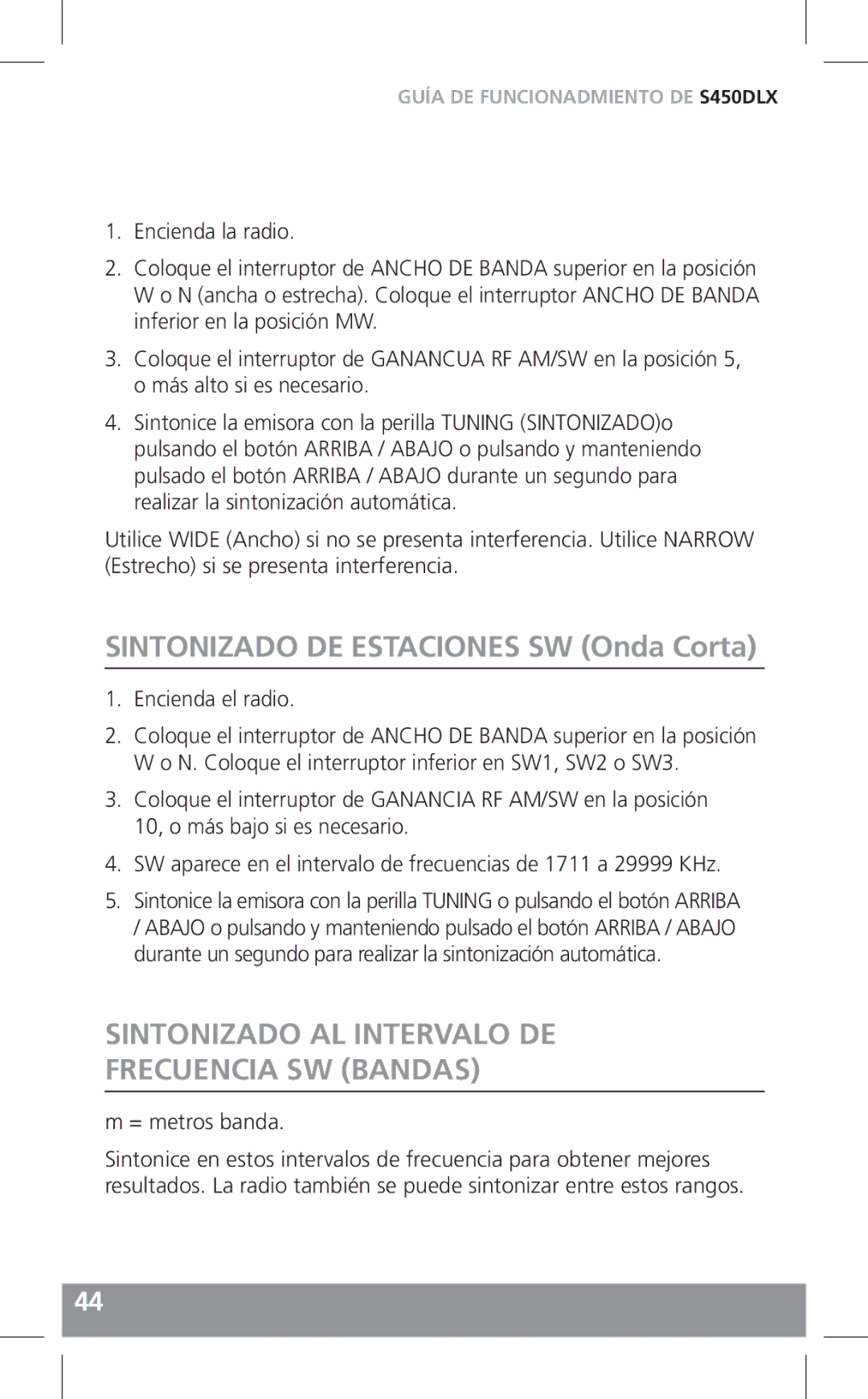 Grundig S450DLX Sintonizado DE Estaciones SW Onda Corta, Sintonizado AL Intervalo DE Frecuencia SW Bandas, = metros banda 