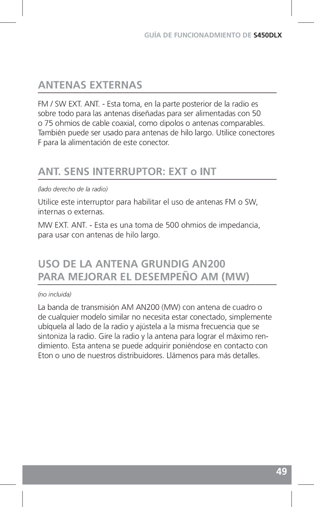 Grundig S450DLX owner manual Antenas Externas, ANT. Sens Interruptor EXT o INT 