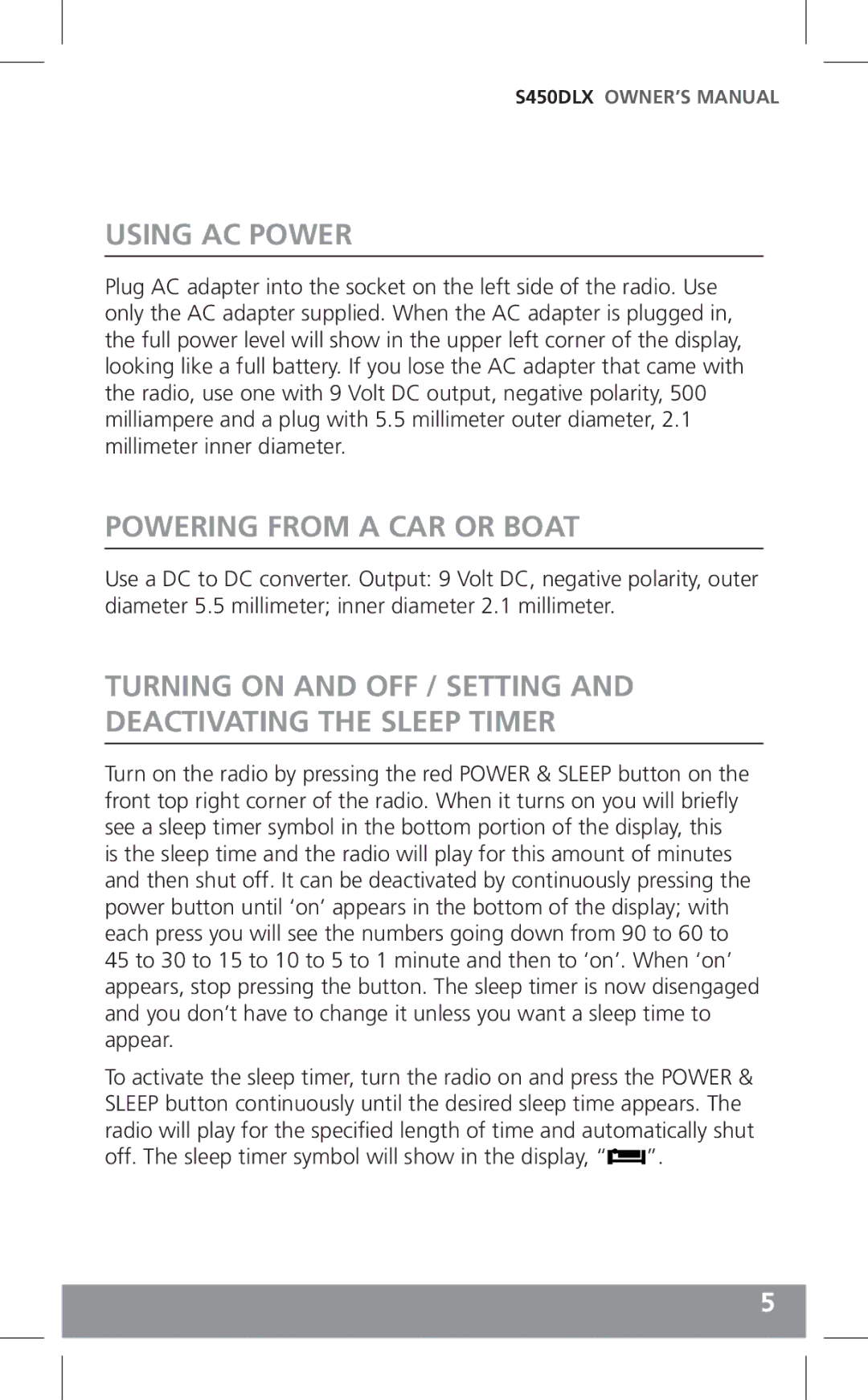 Grundig S450DLX owner manual Using AC Power, Powering from a CAR or Boat 