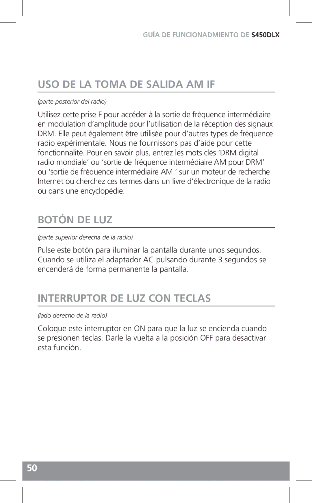 Grundig S450DLX owner manual USO DE LA Toma DE Salida AM if, Botón DE LUZ, Interruptor DE LUZ CON Teclas 