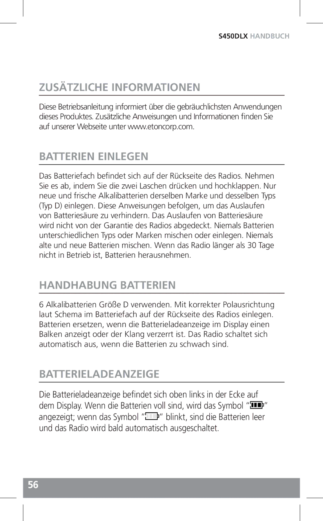 Grundig S450DLX owner manual Zusätzliche Informationen Batterien Einlegen, Handhabung Batterien, Batterieladeanzeige 