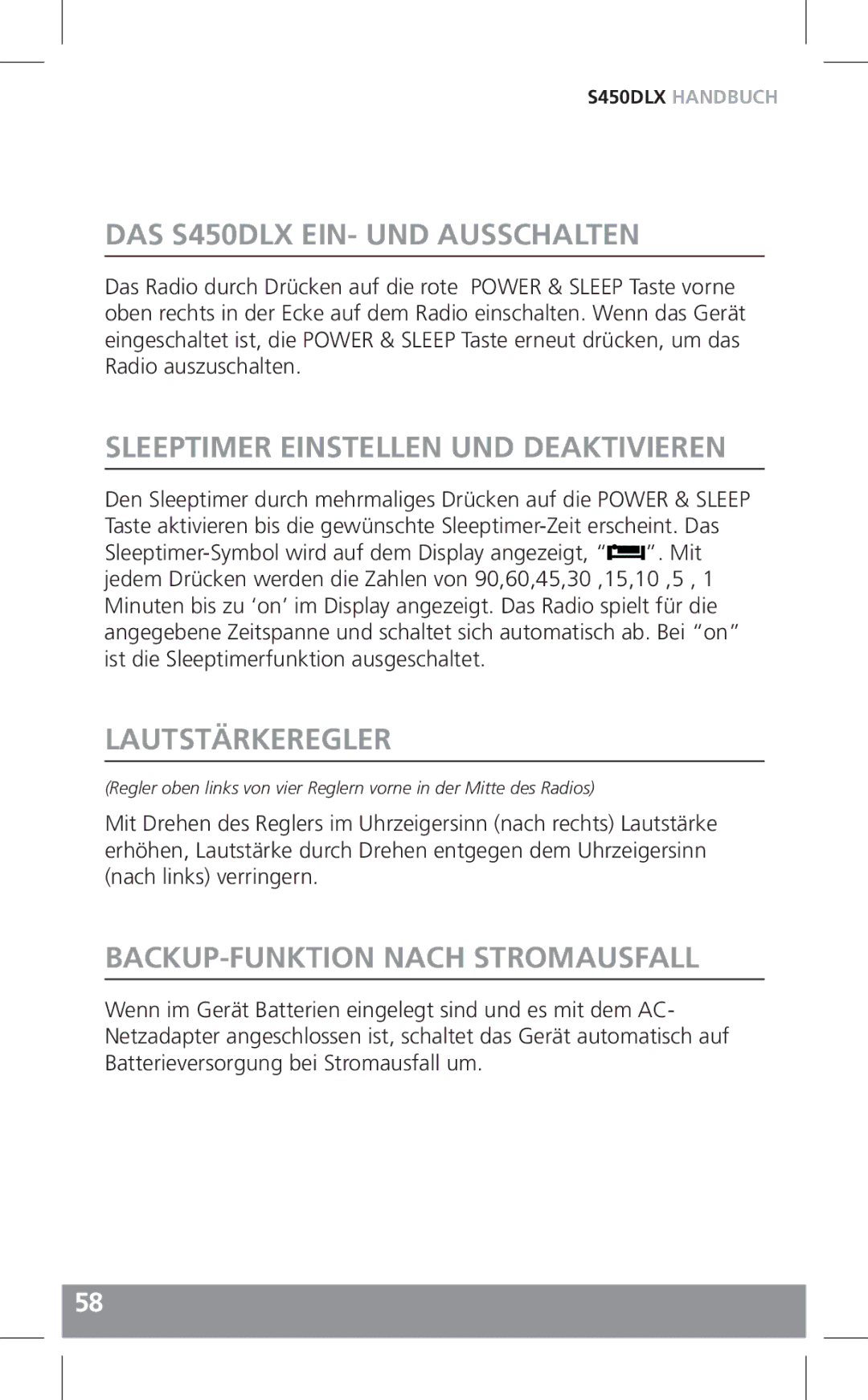 Grundig owner manual DAS S450DLX EIN- UND Ausschalten, Sleeptimer Einstellen UND Deaktivieren, Lautstärkeregler 