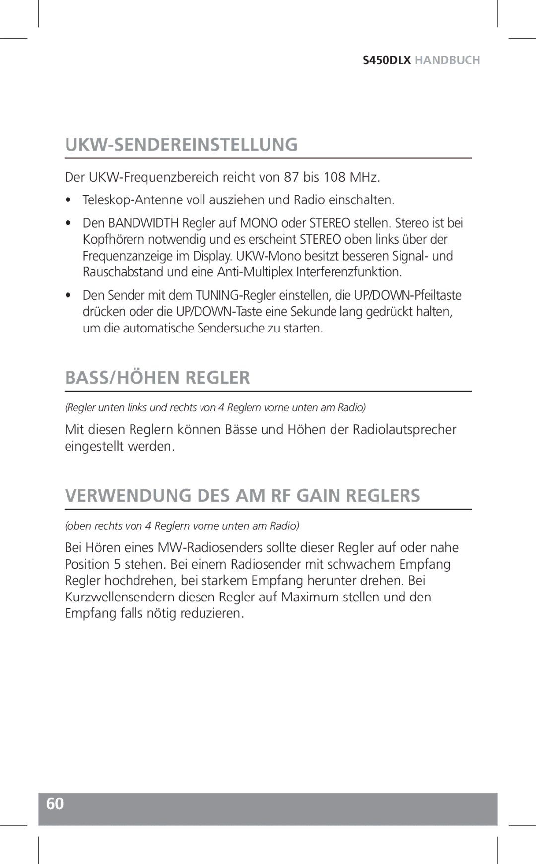 Grundig S450DLX owner manual Ukw-Sendereinstellung, BASS/HÖHEN Regler, Verwendung DES AM RF Gain Reglers 