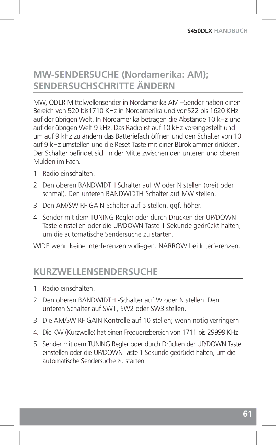 Grundig S450DLX MW-SENDERSUCHE Nordamerika AM, Sendersuchschritte Ändern, Kurzwellensendersuche, Radio einschalten 