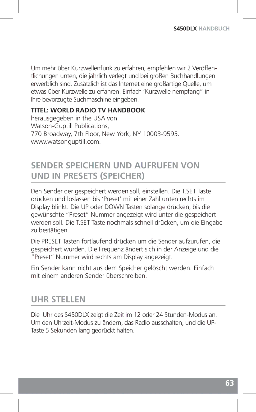 Grundig S450DLX owner manual Sender Speichern UND Aufrufen VON UND in Presets Speicher, UHR Stellen 