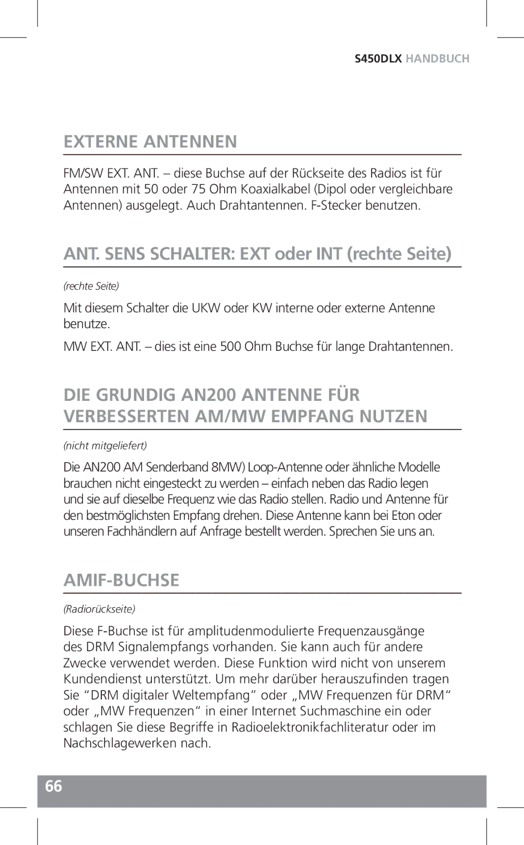 Grundig S450DLX owner manual Externe Antennen, ANT. Sens Schalter EXT oder INT rechte Seite, Amif-Buchse 