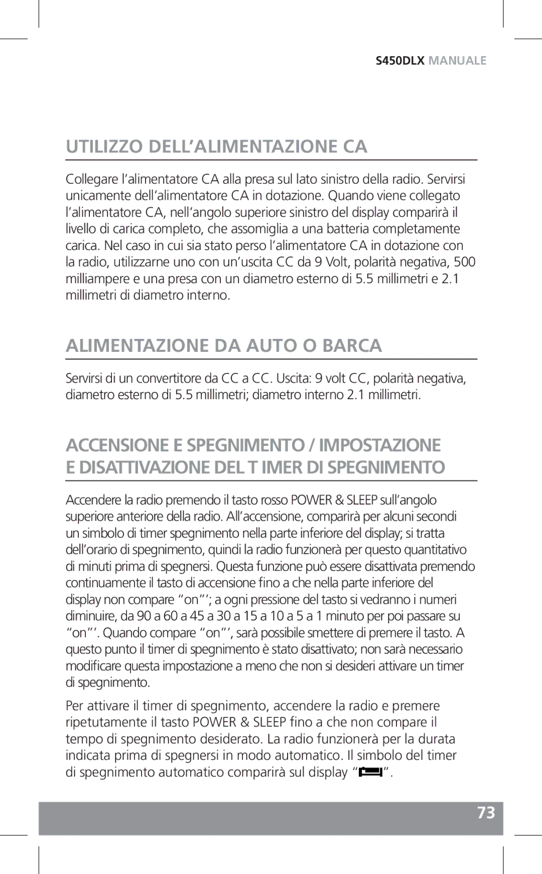 Grundig S450DLX owner manual Utilizzo DELL’ALIMENTAZIONE CA, Alimentazione DA Auto O Barca 