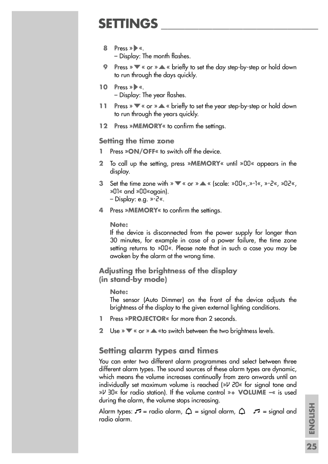 Grundig SC 5304 DCF manual Setting alarm types and times, Setting the time zone 