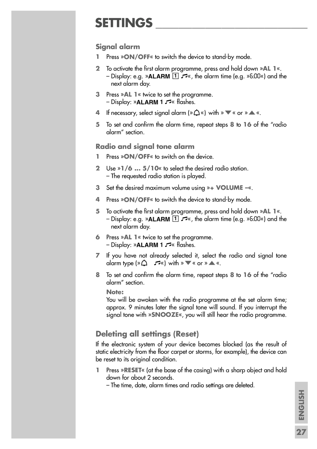 Grundig SC 5304 DCF manual Deleting all settings Reset, Signal alarm, Radio and signal tone alarm 