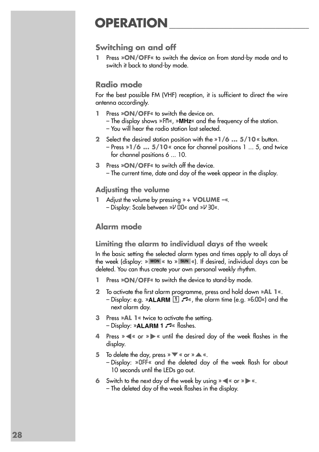 Grundig SC 5304 DCF manual Switching on and off, Radio mode, Alarm mode, Adjusting the volume 