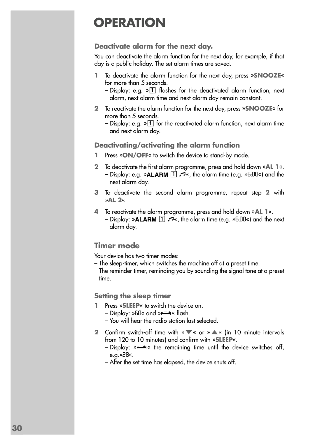 Grundig SC 5304 DCF manual Timer mode, Deactivate alarm for the next day, Deactivating/activating the alarm function 