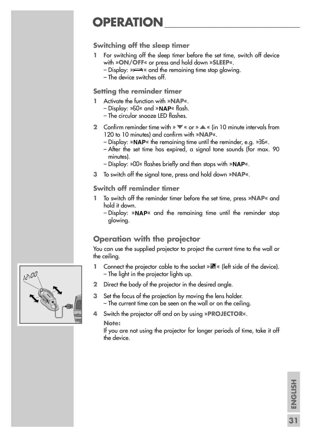 Grundig SC 5304 DCF manual Operation with the projector, Switching off the sleep timer, Setting the reminder timer 