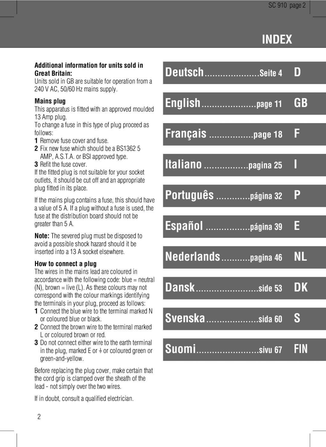 Grundig SC 910 manual Great Britain, AC, 50/60 Hz mains supply, Pagina, Página 