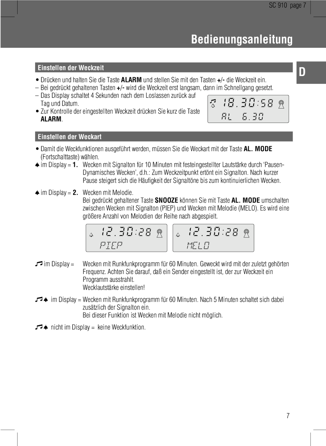 Grundig SC 910 manual 12.30, Einstellen der Weckzeit, Einstellen der Weckart, Im Display = 2. Wecken mit Melodie 