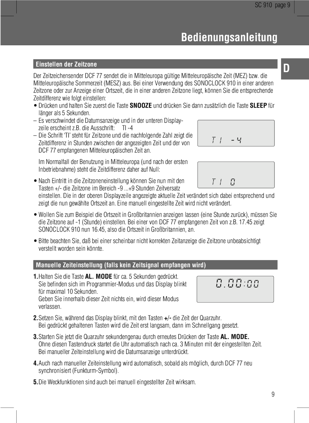 Grundig SC 910 manual Einstellen der Zeitzone 