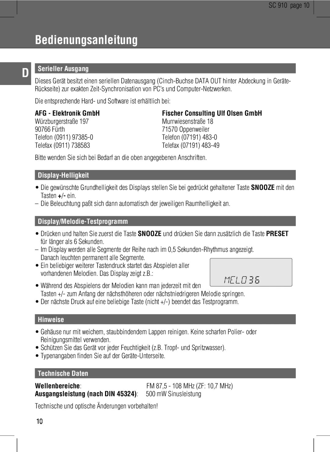 Grundig SC 910 D Serieller Ausgang, AFG - Elektronik GmbH, Display-Helligkeit, Display/Melodie-Testprogramm, Hinweise 