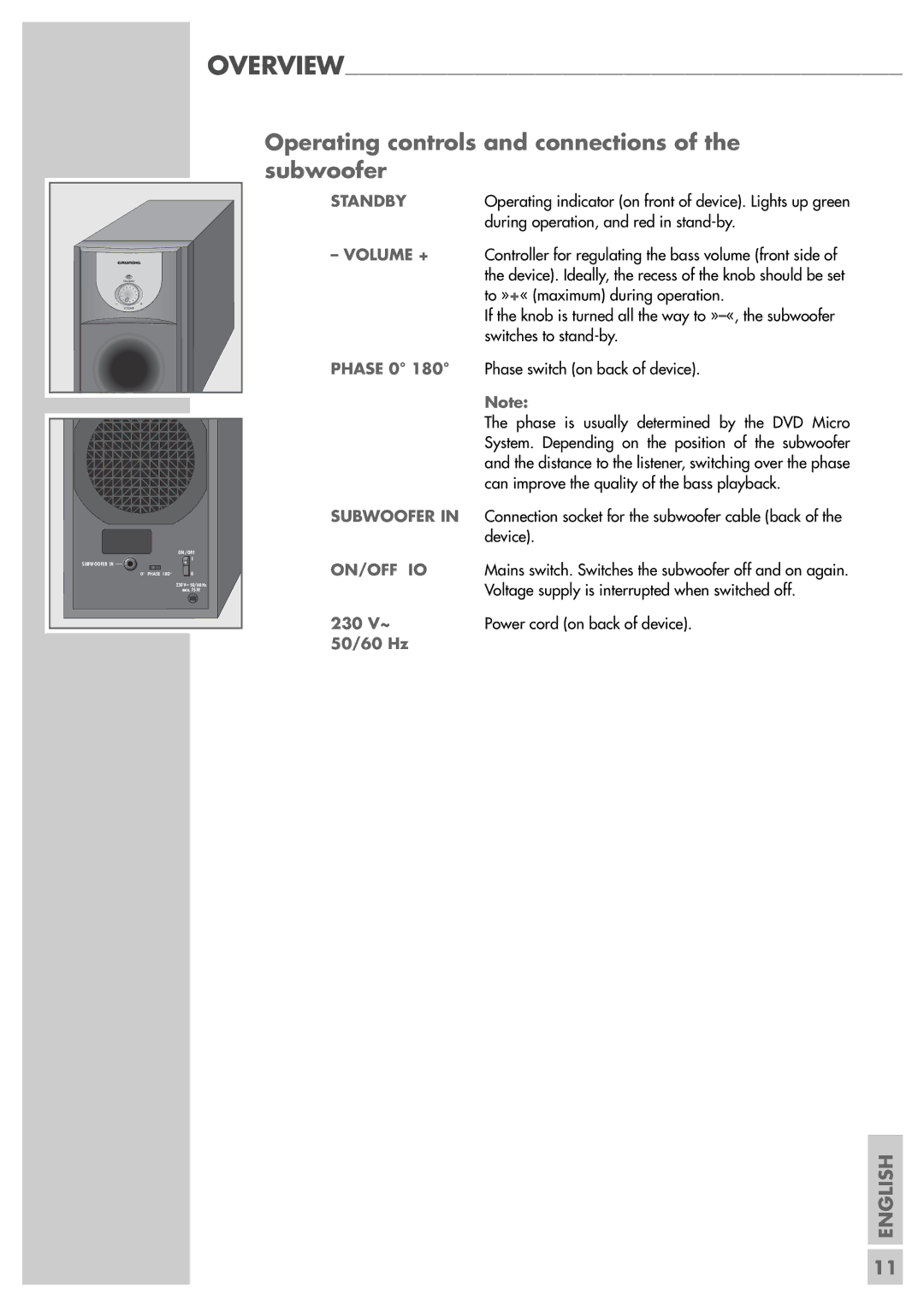 Grundig Scenos UMS 4400 DVD manual Operating controls and connections of the subwoofer, Standby, On/Off Io 