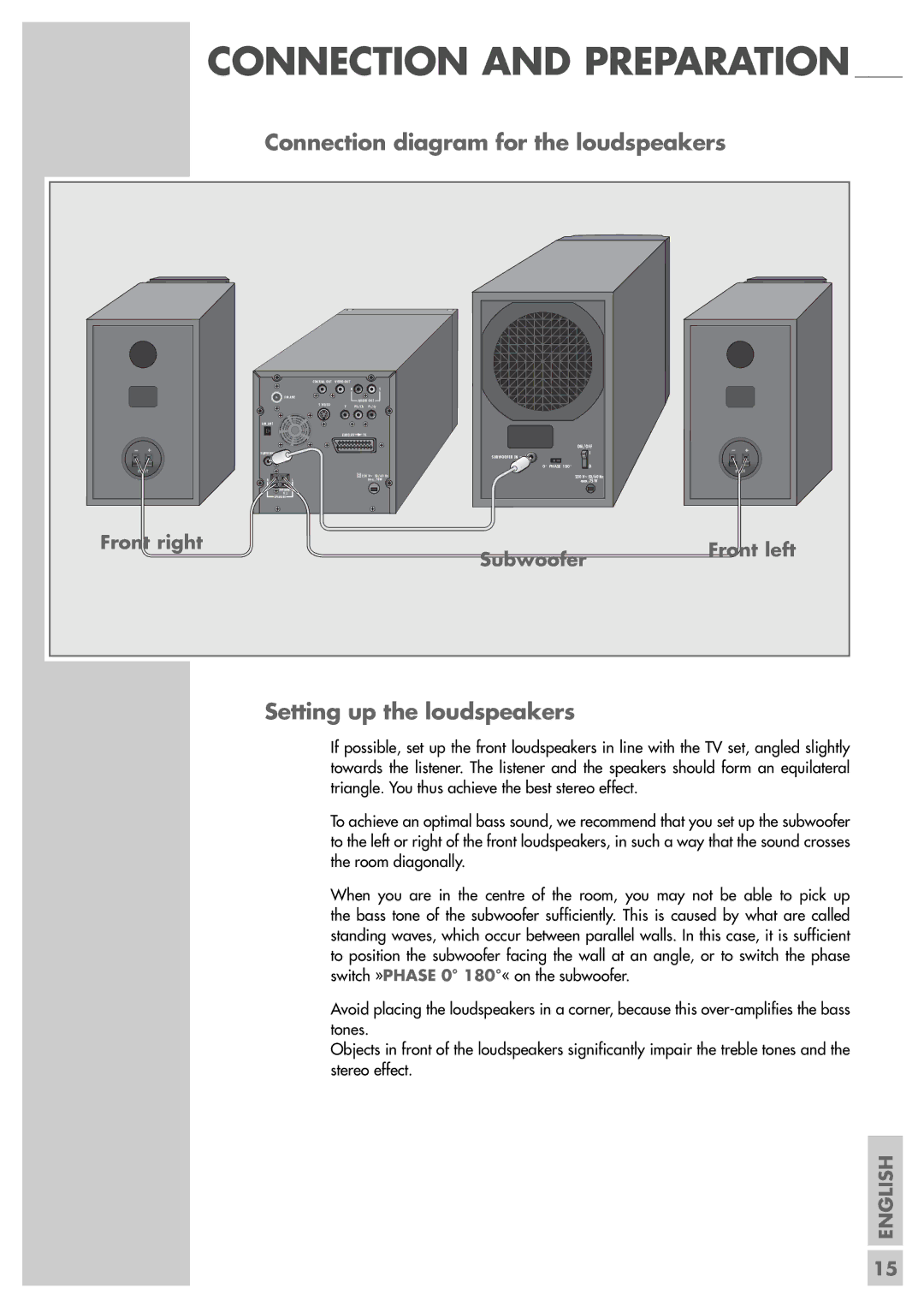 Grundig Scenos UMS 4400 DVD manual Connection diagram for the loudspeakers, Setting up the loudspeakers, Front right 