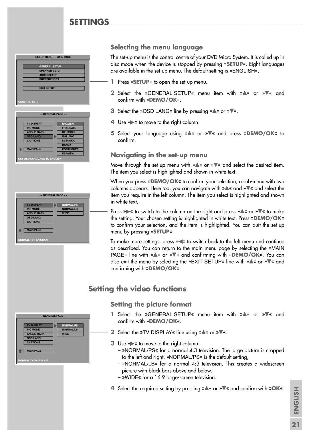 Grundig Scenos UMS 4400 DVD manual Setting the video functions, Selecting the menu language, Navigating in the set-up menu 