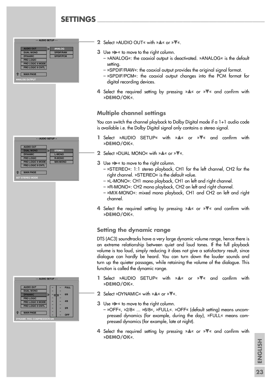 Grundig Scenos UMS 4400 DVD manual Multiple channel settings, Setting the dynamic range 