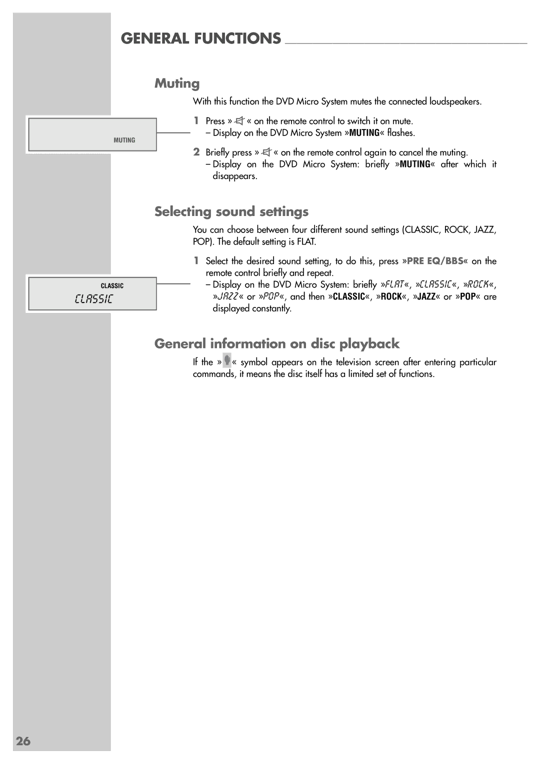 Grundig Scenos UMS 4400 DVD manual Muting, Selecting sound settings, General information on disc playback 