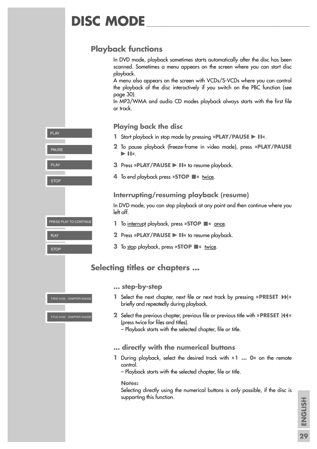 Grundig Scenos UMS 4400 DVD manual Playback functions, Selecting titles or chapters, Interrupting/resuming playback resume 