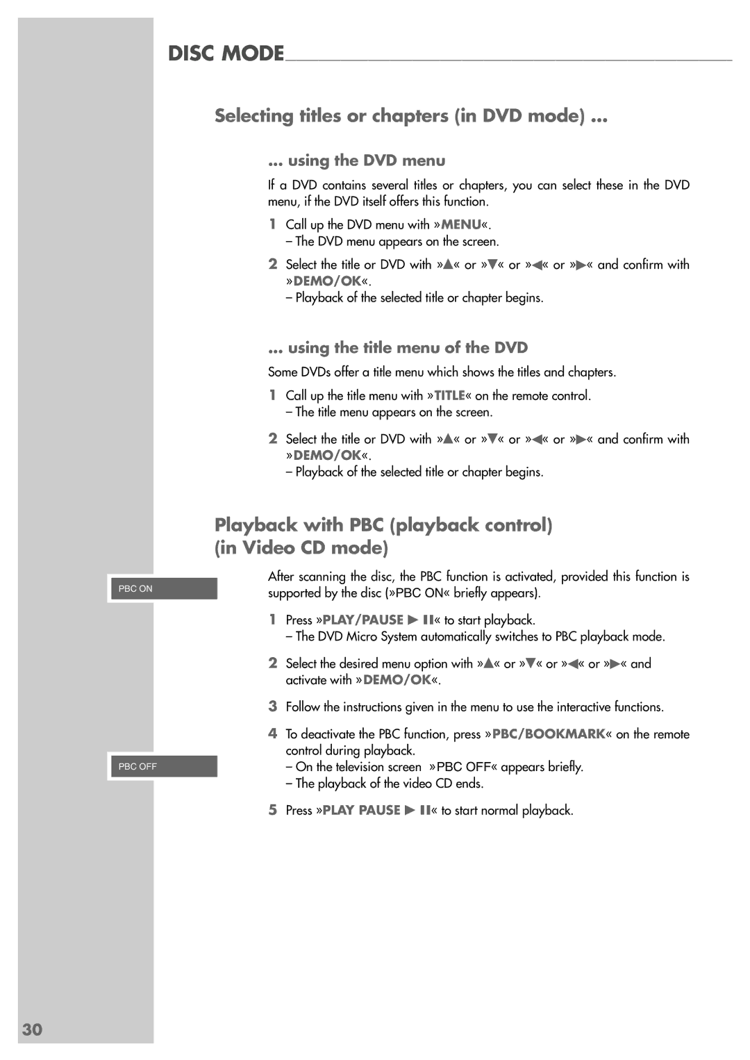 Grundig Scenos UMS 4400 DVD Selecting titles or chapters in DVD mode, Playback with PBC playback control in Video CD mode 