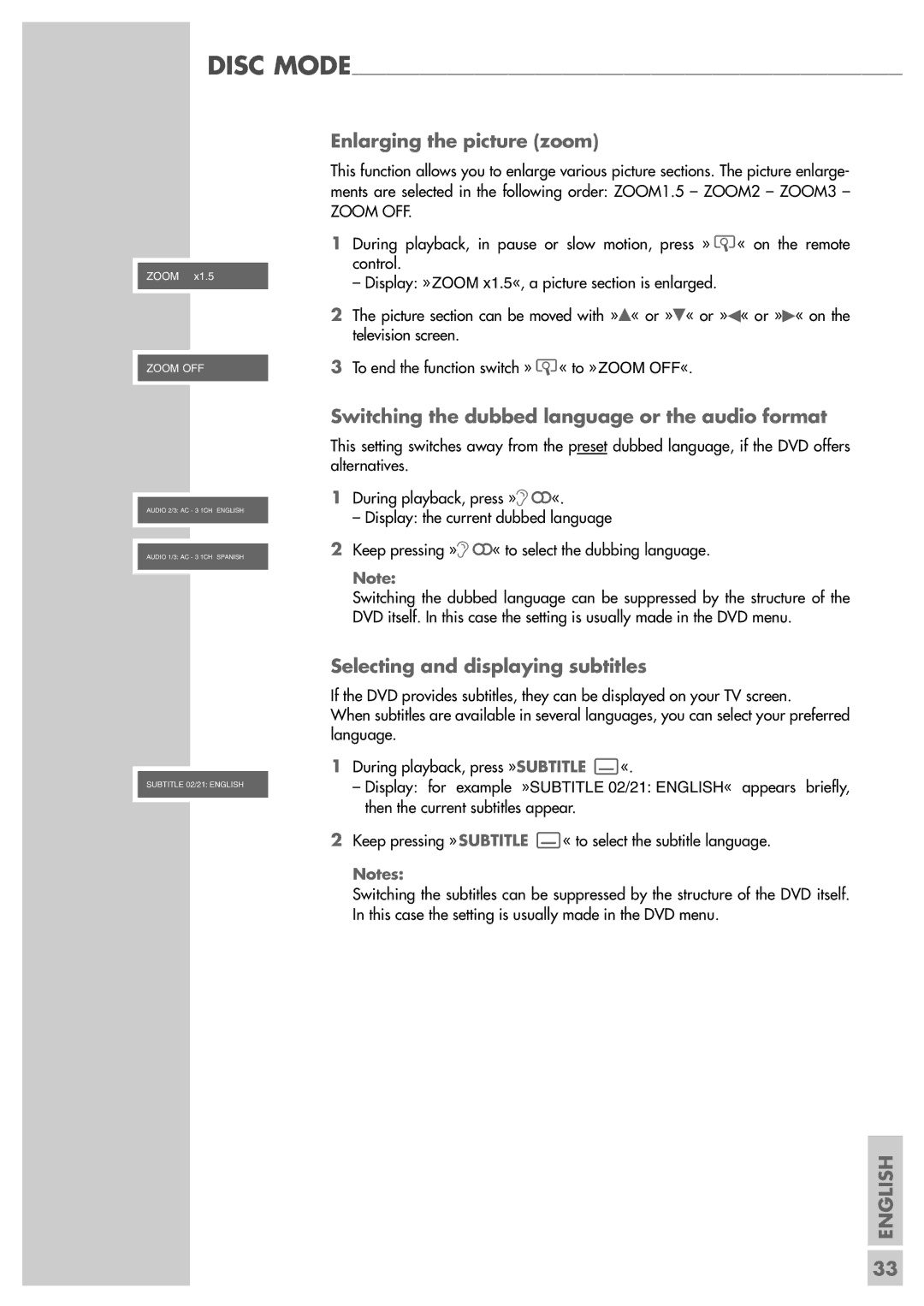 Grundig Scenos UMS 4400 DVD manual Enlarging the picture zoom, Switching the dubbed language or the audio format 