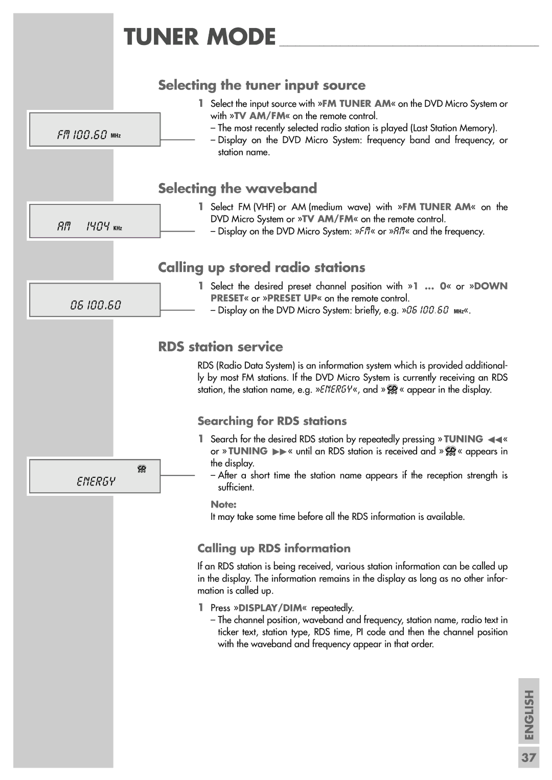 Grundig Scenos UMS 4400 DVD Selecting the tuner input source, Selecting the waveband, Calling up stored radio stations 