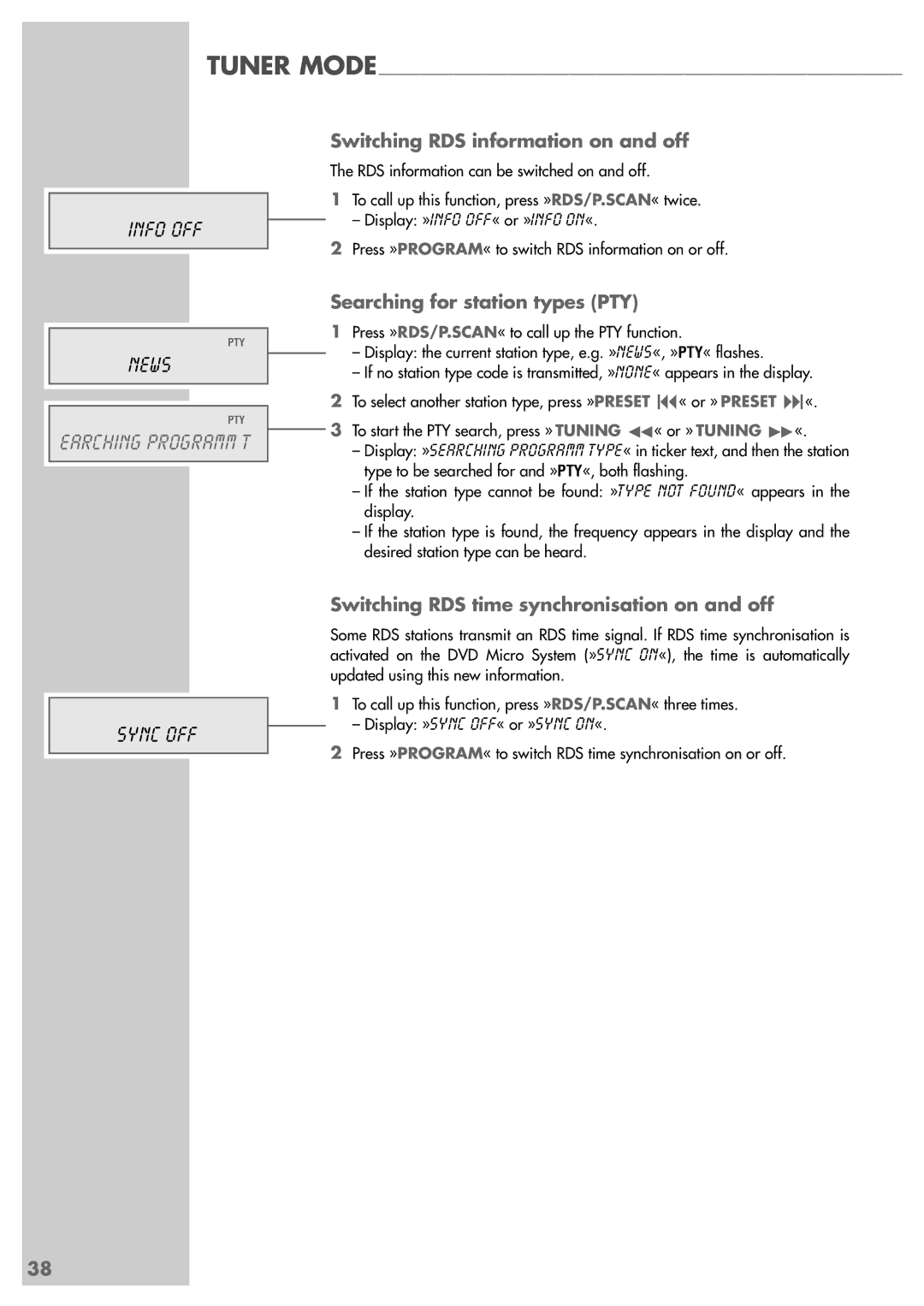 Grundig Scenos UMS 4400 DVD manual Switching RDS information on and off, Searching for station types PTY 