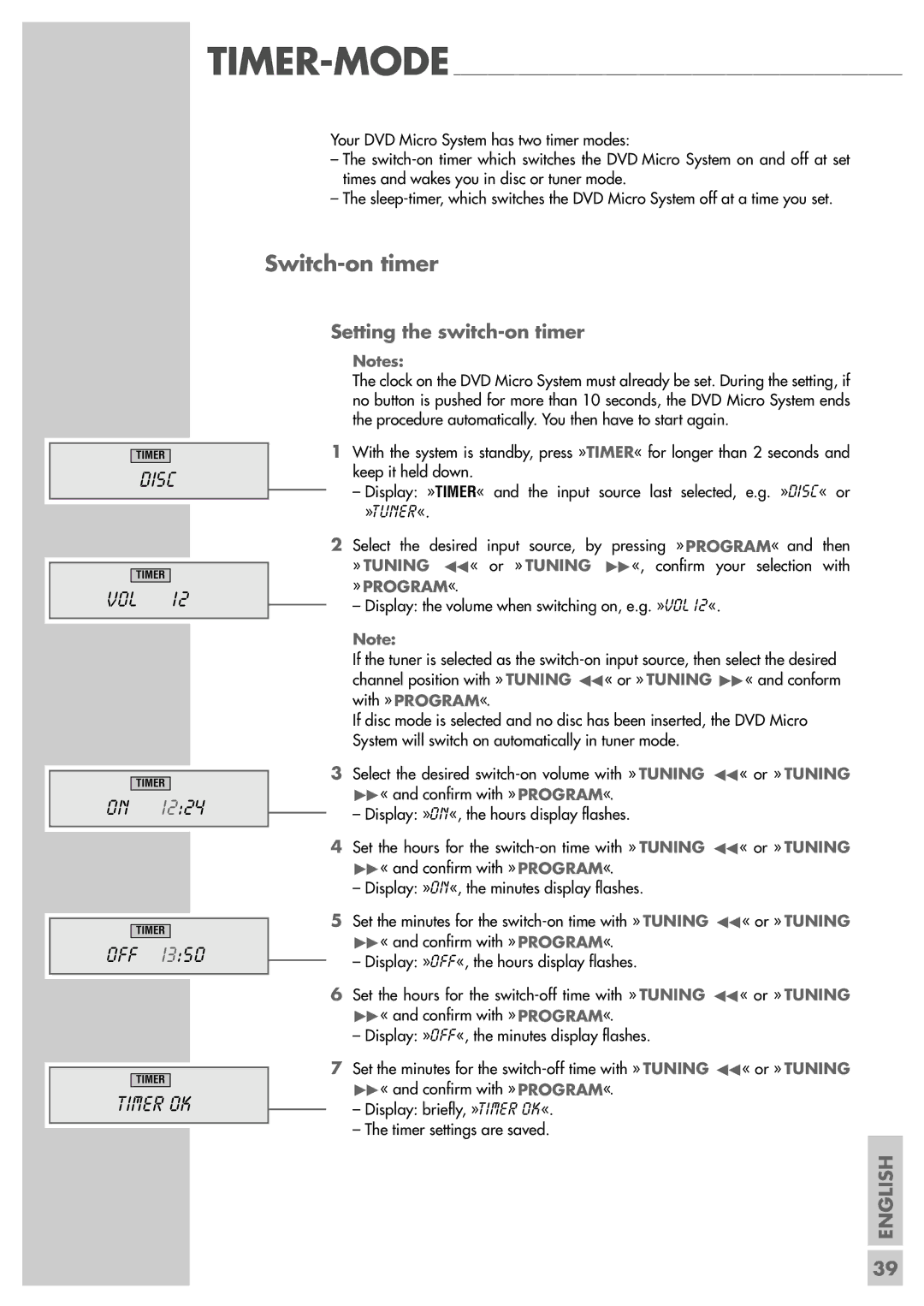 Grundig Scenos UMS 4400 DVD manual Switch-on timer, Setting the switch-on timer, » Tuning, » Program« 