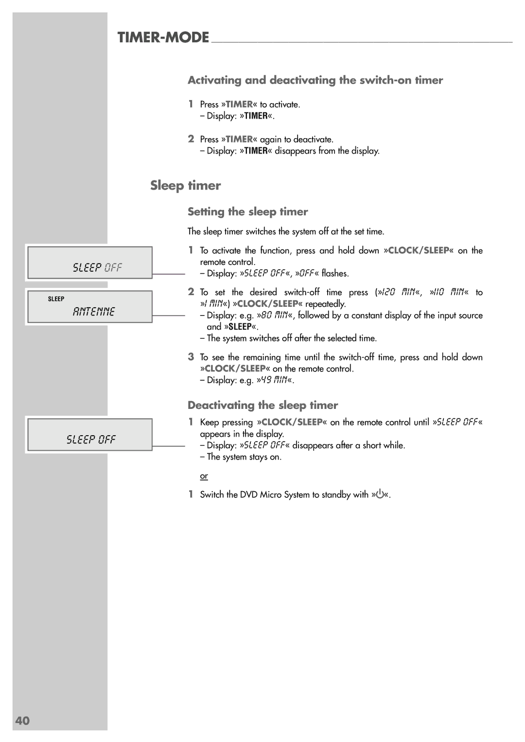 Grundig Scenos UMS 4400 DVD manual Sleep timer, Activating and deactivating the switch-on timer, Setting the sleep timer 