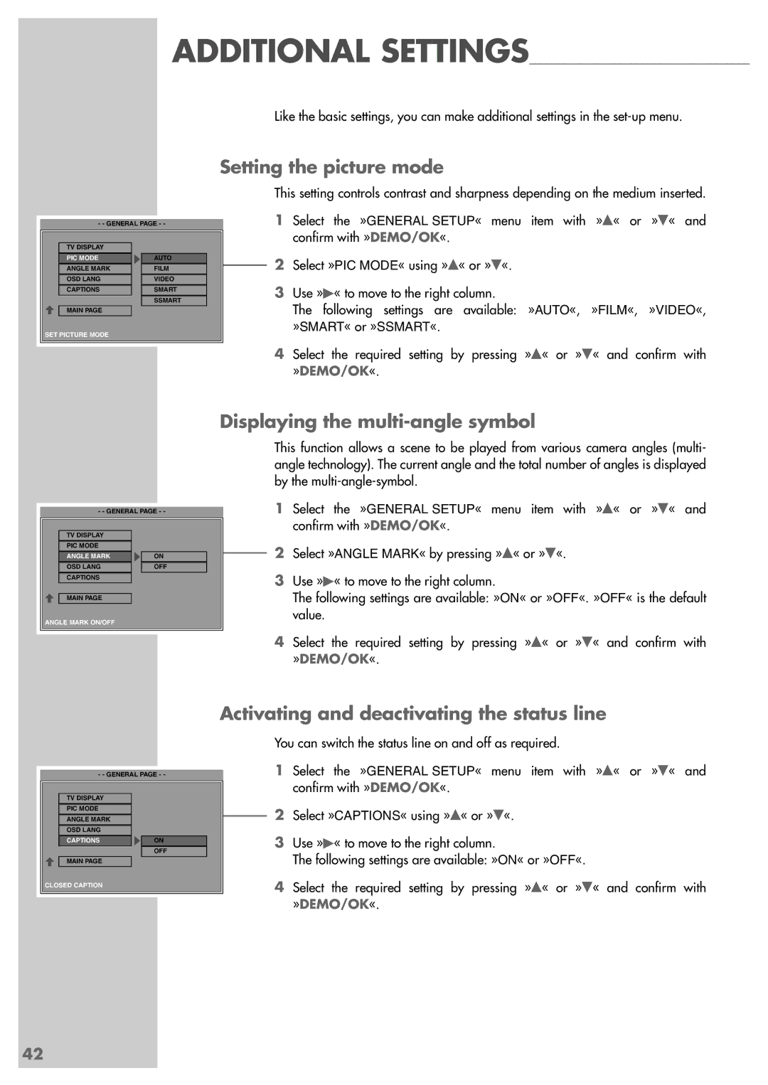 Grundig Scenos UMS 4400 DVD manual Setting the picture mode, Displaying the multi-angle symbol 